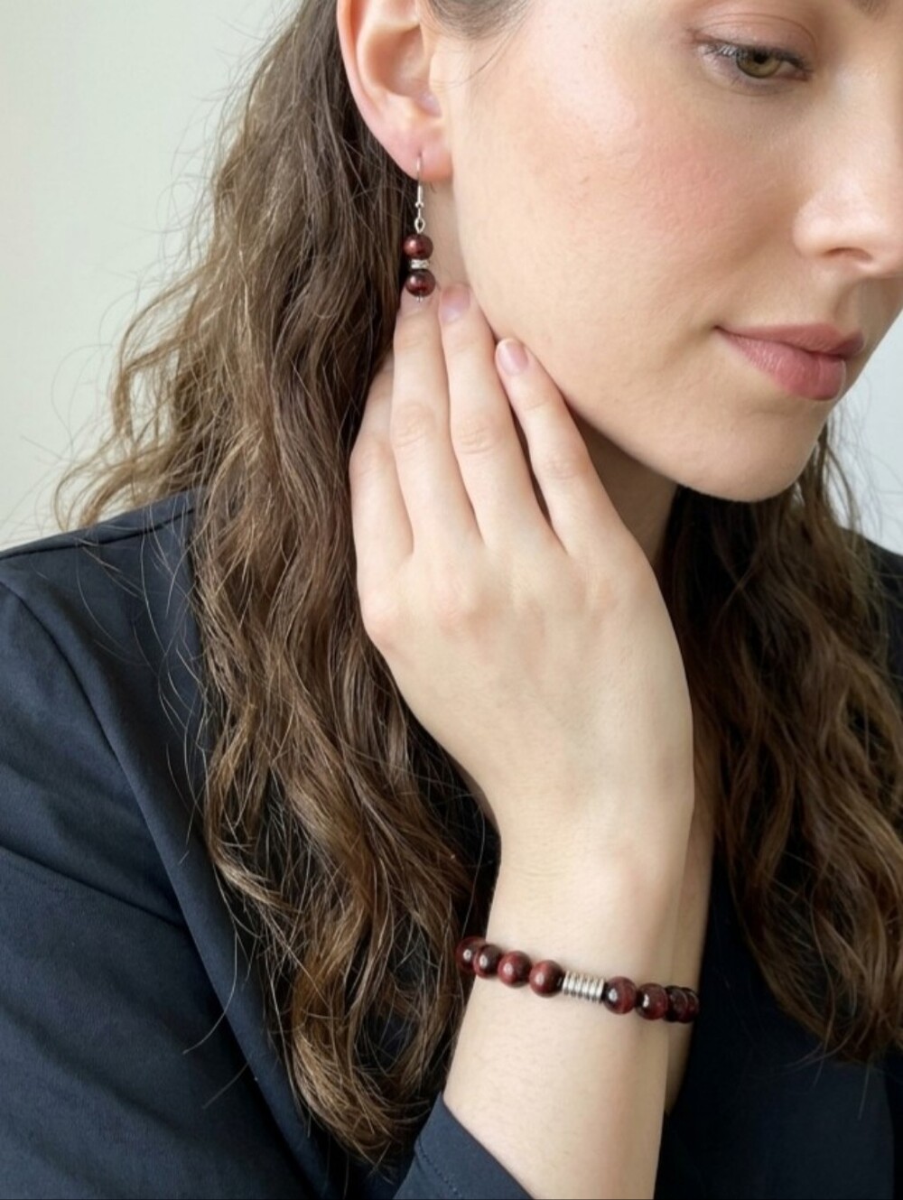 Handcrafted Red And Black Marbled Glass Bead Bracelet And Dangle Earring Set